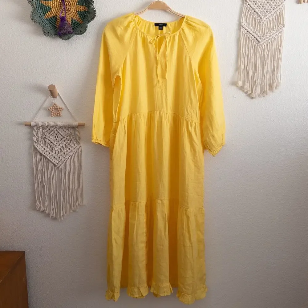 J. Crew Sunny Yellow Linen Tiered Ruffle Trim Midi Dress Size XS/S